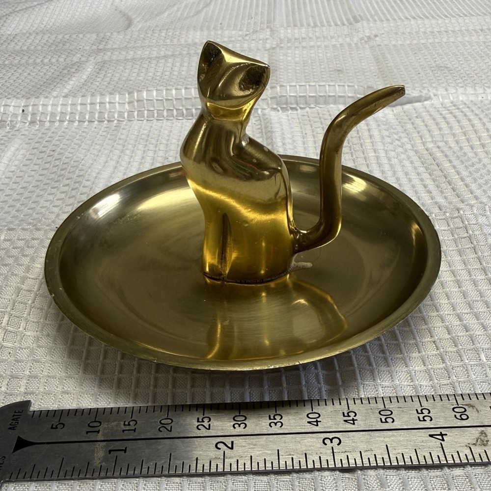 Rare Vintage Brass Cat Jewelry Trinket Rings Dish Velvet Bottom MCM 70s Kitten